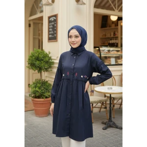 Neva Style Nakış Desenli Lacivert Tesettür Tunik 40603L