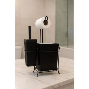 Siyah Demir Standlı Tuvalet Seti – Çöp Kovası, Tuvalet Fırçası ve Kağıt Havluluk