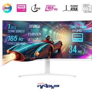 WRP34-165-W 34" 165HZ 1ms Rgb Curved (Hdmı + Display Port) Freesync + G-Sync (3440*1440) Wqhd Oyuncu Monitörü - Beyaz