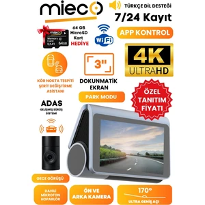 X8 Wifi /4K UHD/ 170° Ultra Geniş Açı/ GPS/ ADAS/ Ön + Arka Araç Kamerası + Hafıza Kartı Hediyeli