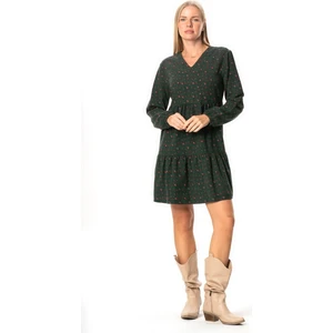 Eliş Şile Bezi Uzun Kol Alara Çiçek Desenli V Yaka Pazen Kısa Kışlık Elbise Yeşil Ysl