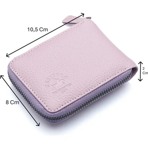 Hakiki Deri Kağıt Para ve Bol Şeffaf Kart Bölmeli, Fermuarlı Unisex Kartlık - Lavanta Pembe