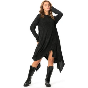 Eliş Şile Bezi Uzun Kol Handan Asimetrik Kesim Sonbahar ve Kışlık Dökümlü Midi Boy Triko Elbise Füme Fm