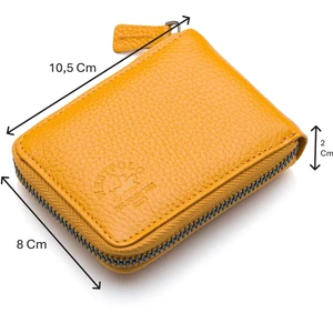 Hakiki Deri Kağıt Para ve Bol Şeffaf Kart Bölmeli, Fermuarlı Unisex Kartlık - Hardal