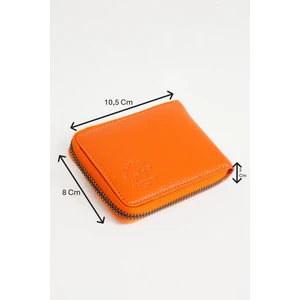 Hakiki Deri Kağıt Para ve Bol Şeffaf Kart Bölmeli, Fermuarlı Unisex Kartlık - Turuncu