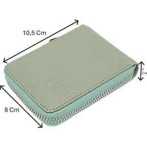 Hakiki Deri Kağıt Para ve Bol Şeffaf Kart Bölmeli, Fermuarlı Unisex Kartlık - Mint Yeşili