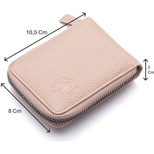 Hakiki Deri Kağıt Para ve Bol Şeffaf Kart Bölmeli, Fermuarlı Unisex Kartlık - Pudra