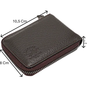 Hakiki Deri Kağıt Para ve Bol Şeffaf Kart Bölmeli, Fermuarlı Unisex Kartlık - Kahverengi