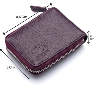 Hakiki Deri Kağıt Para ve Bol Şeffaf Kart Bölmeli, Fermuarlı Unisex Kartlık - Mürdüm