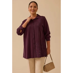 Kadın Büyük Beden Çiçek Işlemeli Düğmeli Tunik 4009 Mürdüm