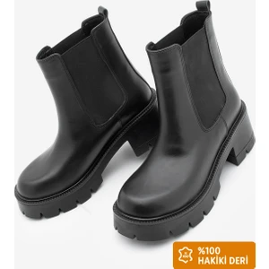 Kadın Hakiki Deri Çift Lastikli Kalın Topuklu Günlük Bot Viper Siyah