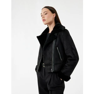 Kruvaze Yaka Uzun Kollu Fermuarlı Cepli Suni Kürk Yaka Crop Suni Süet Ceket