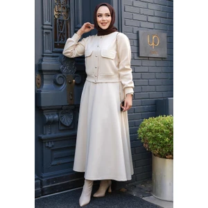 Neva Style Düğmeli Bej Tesettür Etekli İkili Takım 12261BEJ