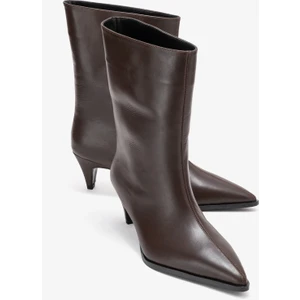 Aleo Kahverengi Cilt Hakiki Deri Sivri Burunlu Kadın Kısa Topuklu Bot