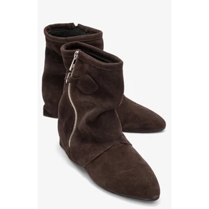 Noar Kahverengi Süet Hakiki Deri Büzgülü Fermuarlı Kadın Bot