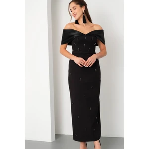 Kadın Siyah Kayık Yaka Incili Söz Nişan Nikah Abiye Elbise