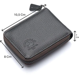 Hakiki Deri Kağıt Para ve Bol Şeffaf Kart Bölmeli, Fermuarlı Unisex Kartlık - Gri