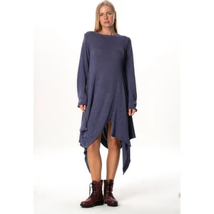 Eliş Şile Bezi Uzun Kol Handan Asimetrik Kesim Sonbahar ve Kışlık Dökümlü Midi Boy Triko Elbise Mor Mor