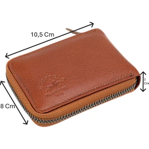 Hakiki Deri Kağıt Para ve Bol Şeffaf Kart Bölmeli, Fermuarlı Unisex Kartlık - Taba