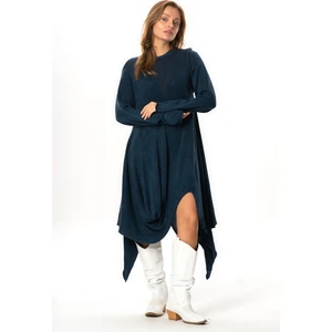 Eliş Şile Bezi Uzun Kol Handan Asimetrik Kesim Sonbahar ve Kışlık Dökümlü Midi Boy Triko Elbise Indigo Indg