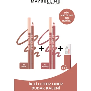 Maybelline New York Lifter Nude Tonlu Dudak Dudak Kalemi- 05 On It On It + Lifter Liner Pembe Tonlu Dudak Kalemi- 07 Big Lift  +  Mini Matte Ink Seductress Maskara Hediyeli