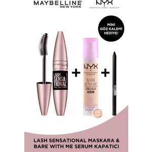 Maybelline New York Lash Sensational Yelpaze Etkili Intense Ekstra Siyah + Nyx Professional Makeup Bare With Me Concealer Serum - 02 Lıght + Mny Tat. Liner Gel Pencil Mini