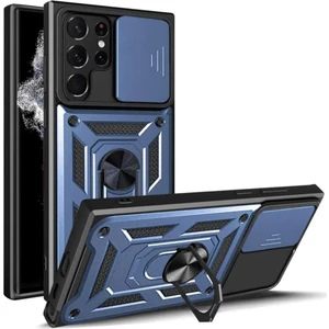 Samsung Galaxy S22 Ultra Uyumlu Tank Kılıf Yüzüklü Standlı Extra Darbe Koruma Zırhlı Outdoor Kapak - Lacivert