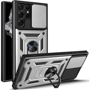 Samsung Galaxy S22 Ultra Uyumlu Tank Kılıf Yüzüklü Standlı Extra Darbe Koruma Zırhlı Outdoor Kapak - Gri