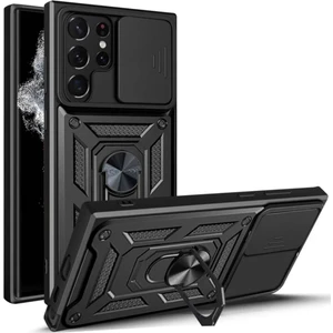 Samsung Galaxy S22 Ultra Uyumlu Tank Kılıf Yüzüklü Standlı Extra Darbe Koruma Zırhlı Outdoor Kapak - Siyah