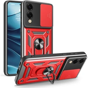 Samsung Galaxy S25 Edge Uyumlu Tank Kılıf Yüzüklü Standlı Extra Darbe Koruma Zırhlı Outdoor Kapak - Kırmızı