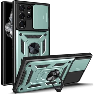 Samsung Galaxy S22 Ultra Uyumlu Tank Kılıf Yüzüklü Standlı Extra Darbe Koruma Zırhlı Outdoor Kapak - Yeşil