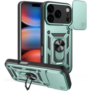 Apple iPhone 17 Pro Uyumlu Tank Kılıf Yüzüklü Standlı Extra Darbe Koruma Zırhlı Outdoor Kapak - Yeşil