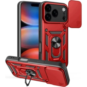 Apple iPhone 17 Pro Uyumlu Tank Kılıf Yüzüklü Standlı Extra Darbe Koruma Zırhlı Outdoor Kapak - Kırmızı