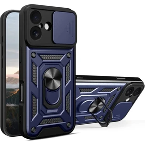 Apple iPhone 17 Uyumlu Tank Kılıf Yüzüklü Standlı Extra Darbe Koruma Zırhlı Outdoor Kapak - Lacivert