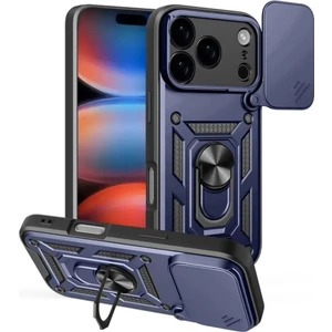 Apple iPhone 17 Pro Uyumlu Tank Kılıf Yüzüklü Standlı Extra Darbe Koruma Zırhlı Outdoor Kapak - Lacivert