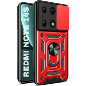 Redmi Note 14S Uyumlu Tank Kılıf Yüzüklü Standlı Extra Darbe Koruma Zırhlı Outdoor Kapak - Kırmızı