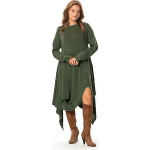 Eliş Şile Bezi Uzun Kol Handan Asimetrik Kesim Sonbahar ve Kışlık Dökümlü Midi Boy Triko Elbise Haki Hk