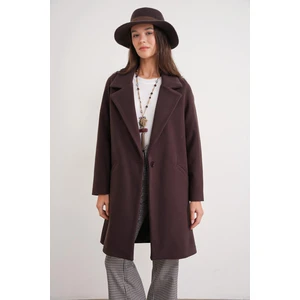 3802 Kadın Tek Düğmeli Kaşe Kaban Kahve