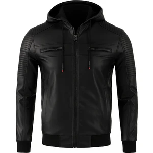 Mero Life Erkek Siyah Dar Kesim Kapüşonlu Bel Lastikli Ribanalı Deri Ceket & Mont