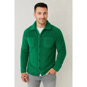 Erkek Pelüş Polar Hırka Gömlek – Yakalı, Ilik Düğmeli, Göğüs Cepli, Yumuşak Dokulu Kışlık Regular Fit Rahat Günlük Model - Çimen Yeşili