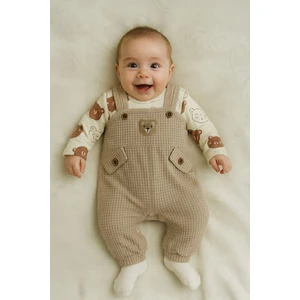 Bebek Erkek 3'lü Tulum Takımı Salopet ve Çorap Seti Ayıcık Desenli Badi Ayı Nakışlı Pamuklu Unısex