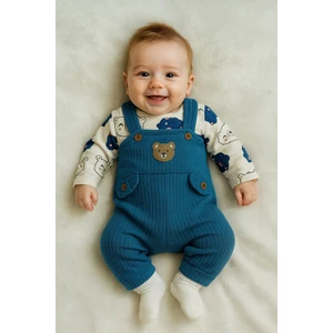 Bebek Erkek 3'lü Tulum Takımı Salopet ve Çorap Seti Ayıcık Desenli Badi Ayı Nakışlı Pamuklu Unısex