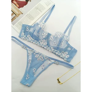 La Linaa Romaşka Mavi Çiçek Desenli Tanga Külotlu Sütyen Takım