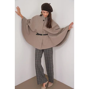 4768 Kadın Kemerli Panço Premium Kaşe Ceket Vizon