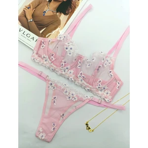 La Linaa Romaşka Pembe Çiçek Desenli Tanga Külotlu Sütyen Takım