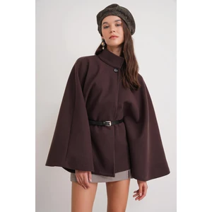 4768 Kadın Kemerli Panço Premium Kaşe Ceket Kahve