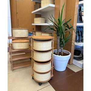 Begin Power Ahşap Yuvarlak Sebzelik 4 Katlı Yana Açılır Patates Soğan Tekerlekli Sebzelik Krem