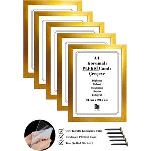 Batu Art Home 5 Adet A4 Çerçeve Mat Altın Renk Korumalı Kırılmaz Pleksi Camlı Belge Diploma Resim Fotoğraf Asılabilir  21 x 29.7  cm