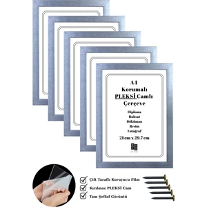 Batu Art Home 5 Adet A4 Çerçeve Eskitme Gümüş Renk Korumalı Kırılmaz Pleksi Camlı Belge Diploma Resim Fotoğraf Asılabilir 21 x 29.7  cm