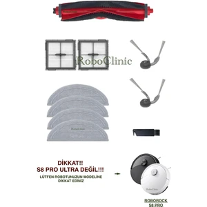 Roborock S8 Pro / S8 Pro+ Robot Süpürge (Ultra Değil!) Uyumlu Yedek Ana Fırça, Yan Fırça, Hepa Filtre, Mop - 10 Parça